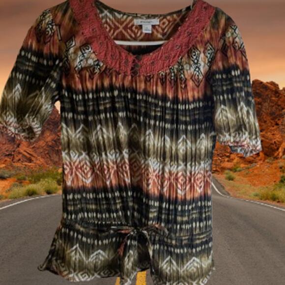 Dressbarn small short sleeve pleated with drawstring waist. Cotton blend top. - Picture 1 of 1